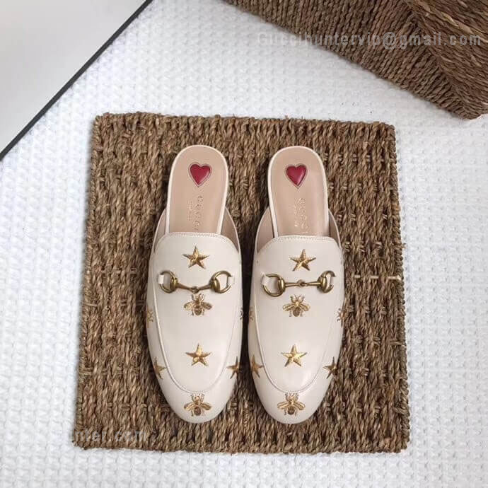 Gucci Princetown Embroidered Leather Slipper White